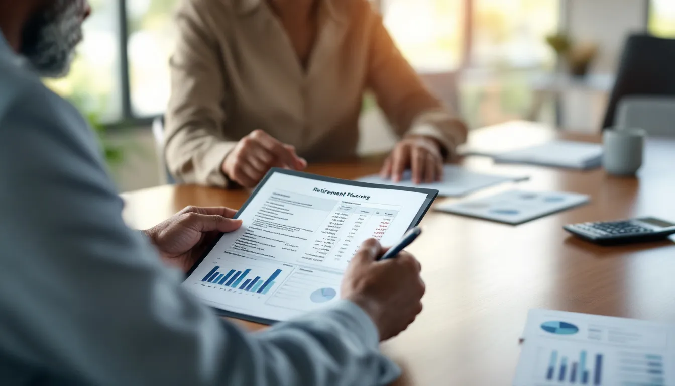 Two people review a retirement planning document with charts and financial data on a tablet at a wooden table