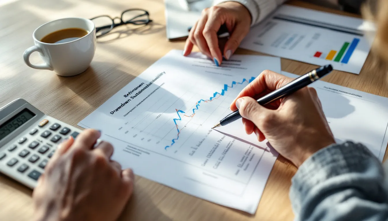 A person points to a line graph on a printed financial document while holding a pen, with a calculator and coffee mug visible on the wooden desk