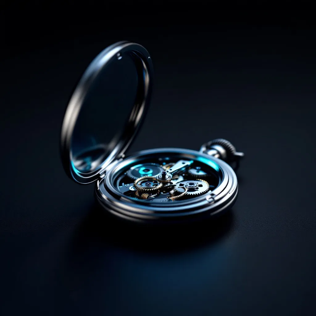 An open pocket watch with visible gears and mechanical components against a dark background