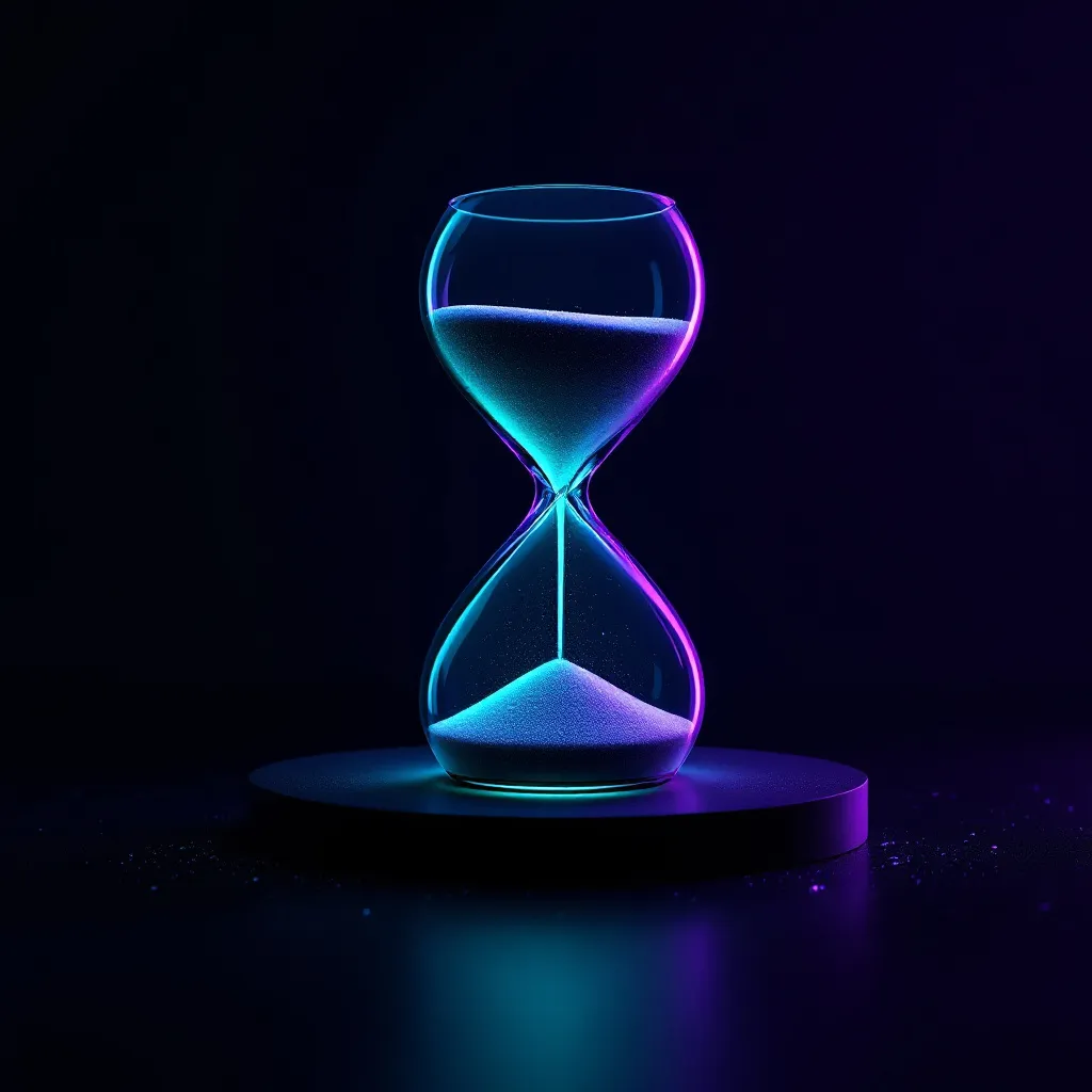 An hourglass with glowing neon blue and purple edges contains sand flowing from the upper chamber to the lower chamber against a dark background