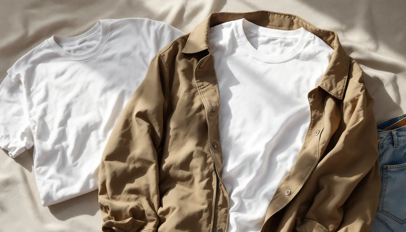 Two white t-shirts and two tan button-up jackets arranged on a light background with partial view of blue jeans