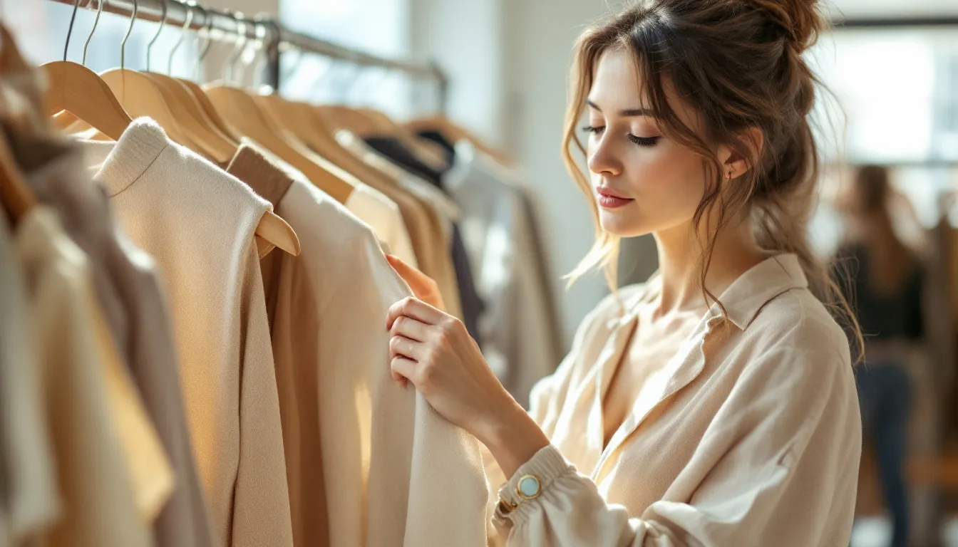 A woman examines a beige garment on a wooden hanger in a bright retail space with neutral-toned clothing displayed on a rack behind her