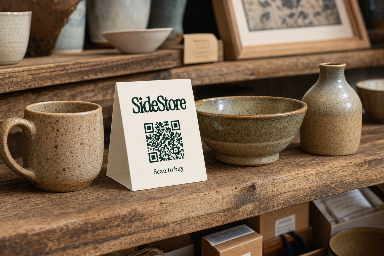 A wooden shelf displays handmade ceramic pieces including a mug, bowls, and a vase next to a white tent card reading