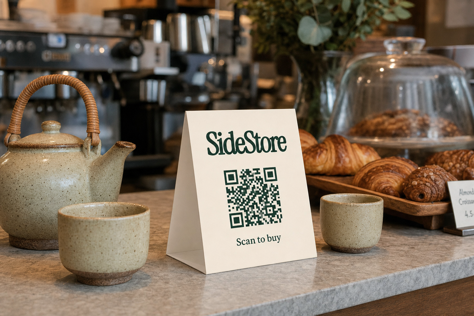 A cafe counter displays a tent card reading