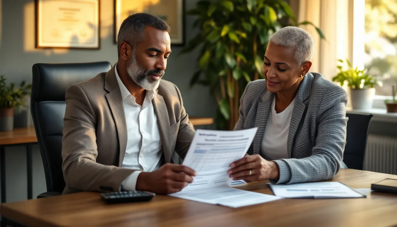 Two professionals review financial documents together at a desk in a bright office with plants and framed artwork on the walls