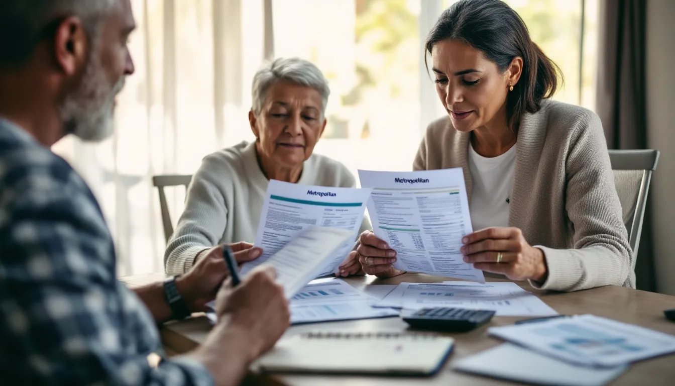 Three people seated at a table reviewing Metropolitan insurance documents together