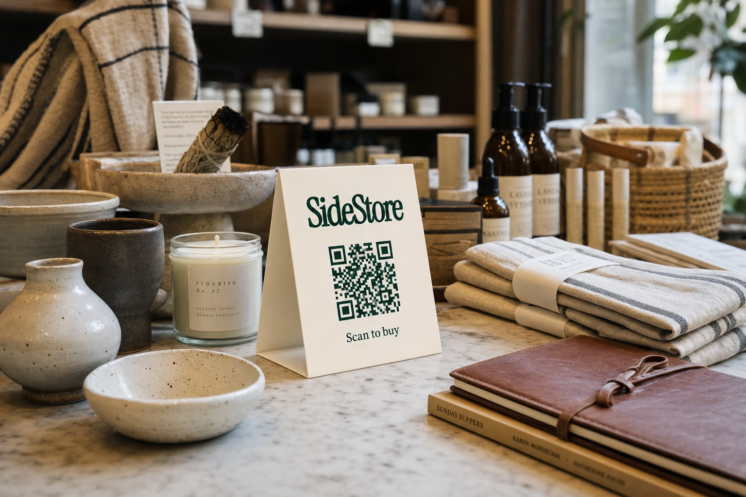 A marble countertop displays home goods and lifestyle products including ceramic bowls, a scented candle, folded linens, dark glass bottles,