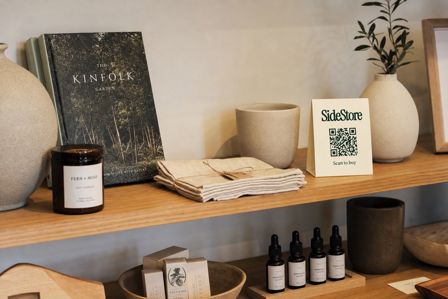 A wooden shelf displays a curated collection of home goods and retail items including a dark book titled