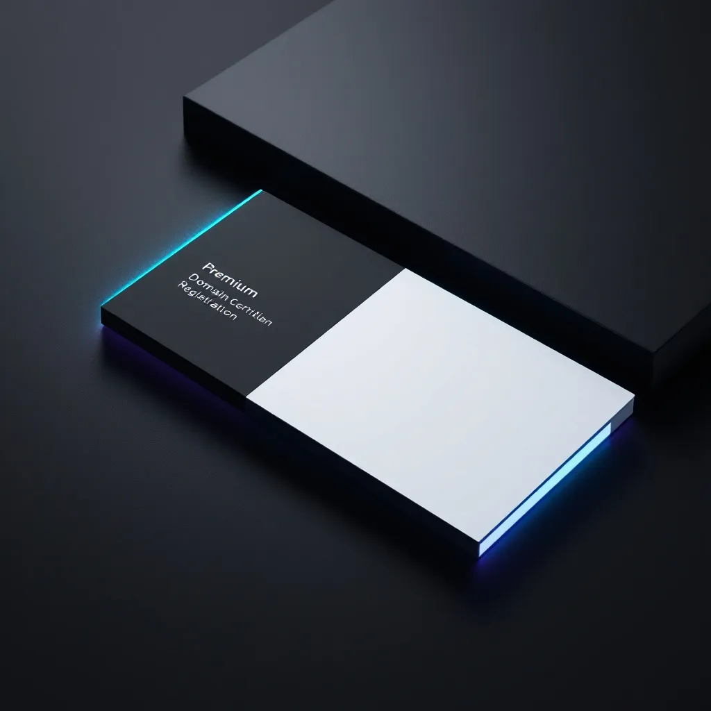 Black business card with glowing cyan edges and white text reading 'Premium Domain' sits next to blank white card