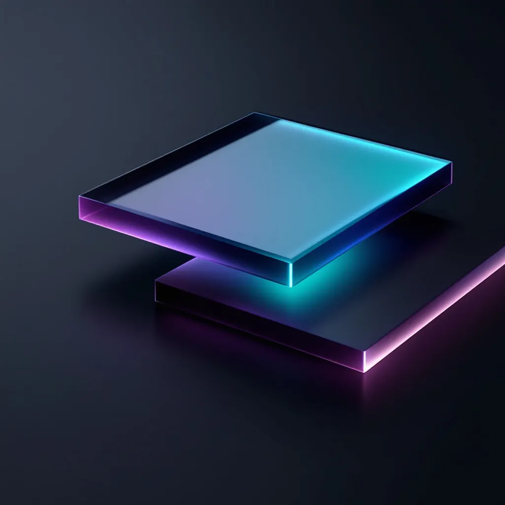 Two stacked glass panels with glowing neon edges in cyan and magenta colors against dark background