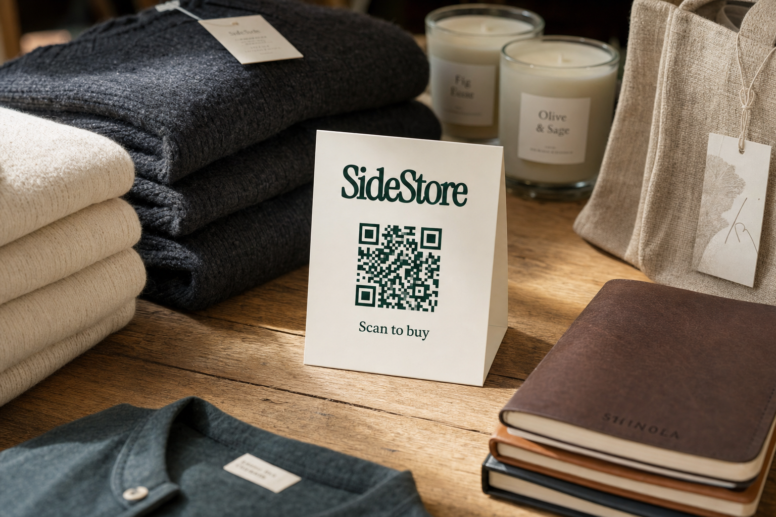 A SideStore promotional card with a QR code sits on a wooden table surrounded by folded sweaters, scented candles labeled