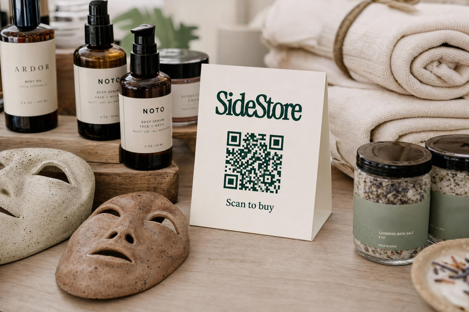 A wooden table displays skincare products including dark glass bottles labeled ARDOR and NOTO, concrete face sculptures, rolled cream towels