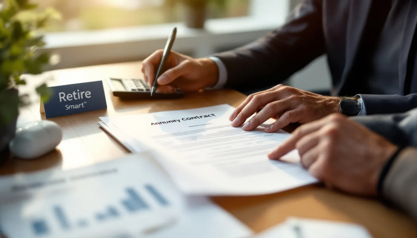 A person in business attire reviews an annuity contract document at a desk with a calculator, nameplate reading Retire Smart, and financial documents