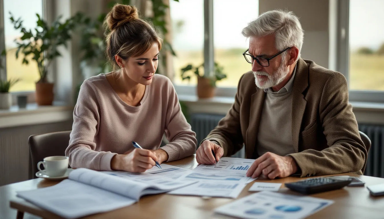 A woman and an older man sit at a table reviewing financial documents with charts and graphs, with a cup of coffee and calculator nearby