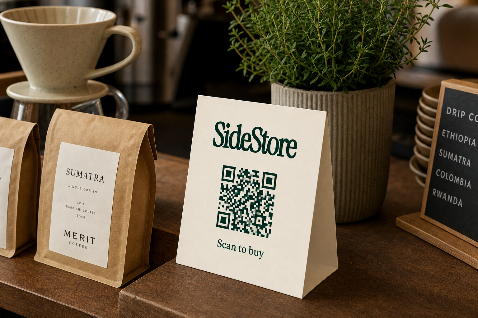 Ivory SideStore tent card displaying QR code on a café counter surrounded by coffee products