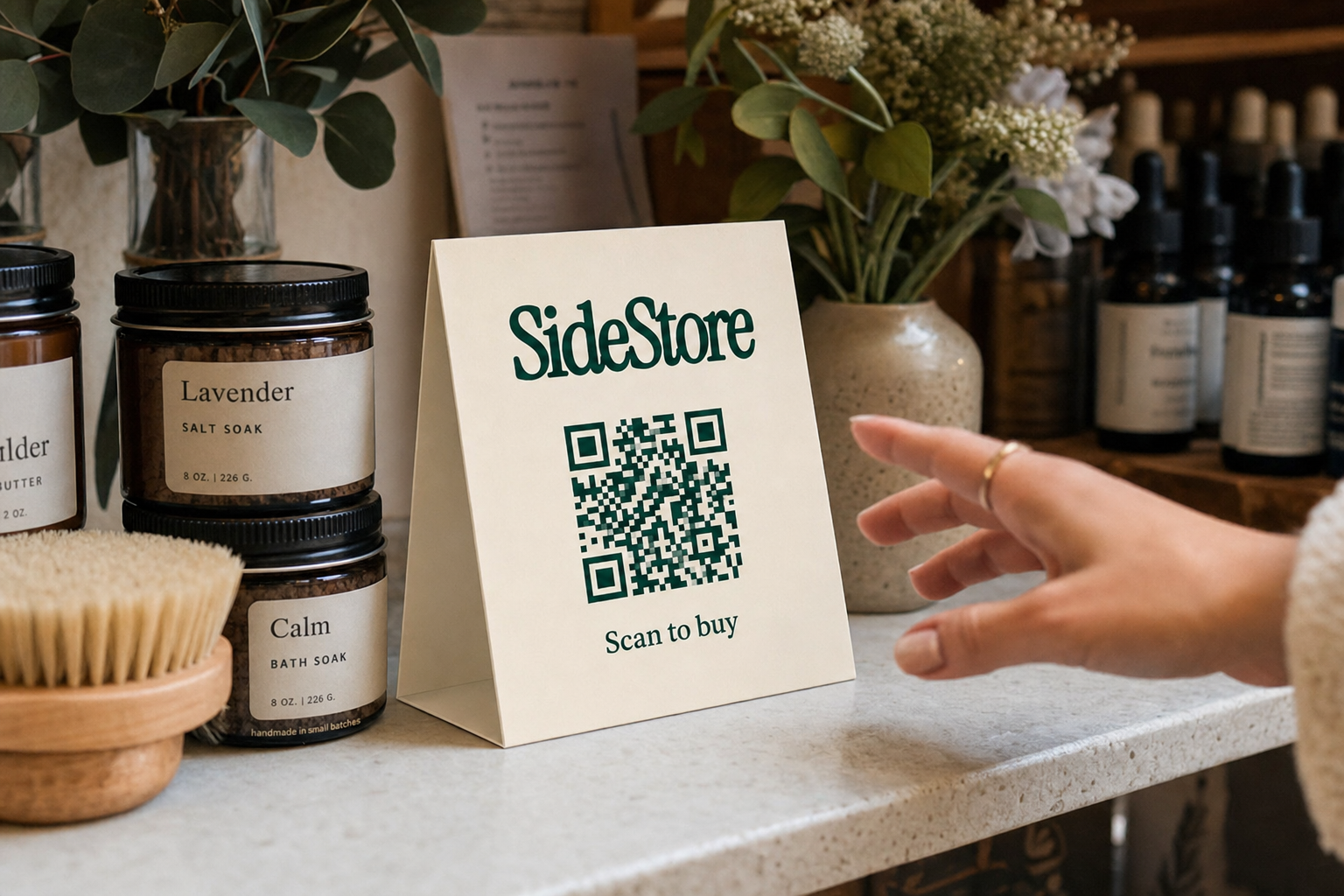 Customer discovering SideStore QR tent card on a wellness boutique counter with skincare products