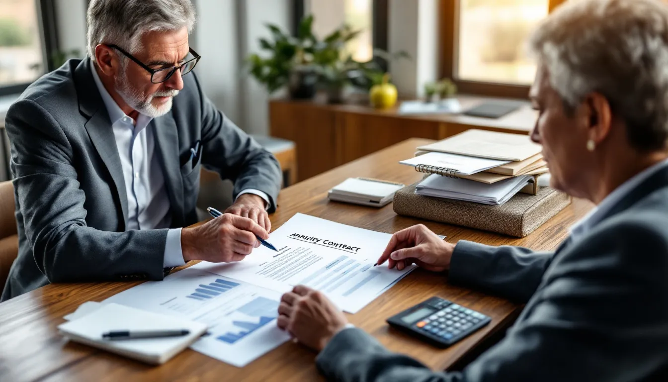 Two people in business attire review an annuity contract document together at a wooden desk with financial charts and a calculator