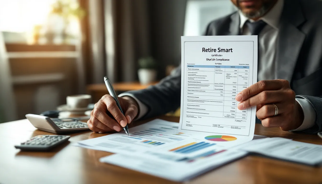 A person in business attire holds up a document titled Retire Smart while pointing at financial charts and graphs on a desk, with a calculator