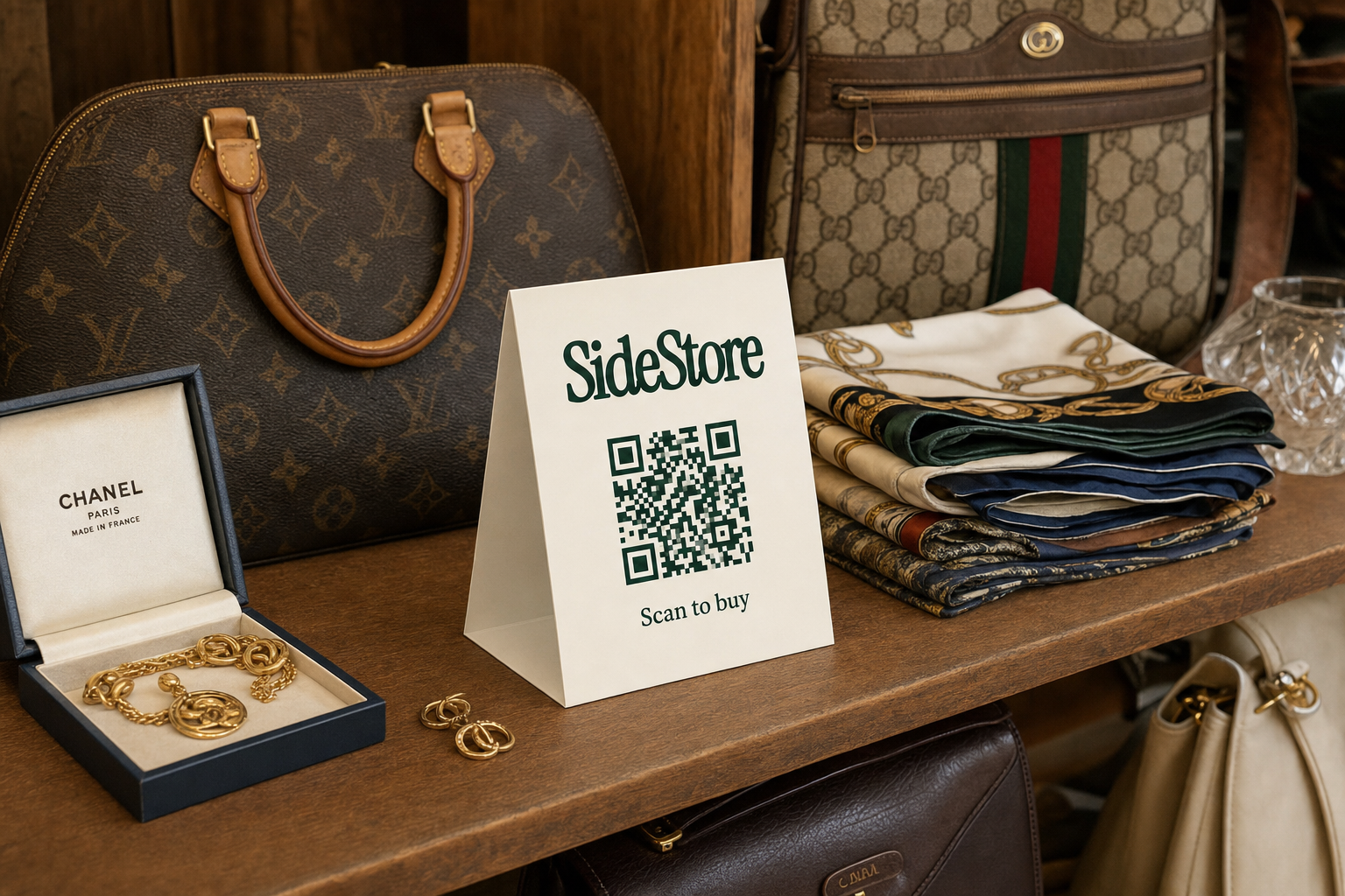 A wooden display table shows luxury handbags, a Chanel jewelry box with gold chain accessories, folded scarves, and a white tent card with