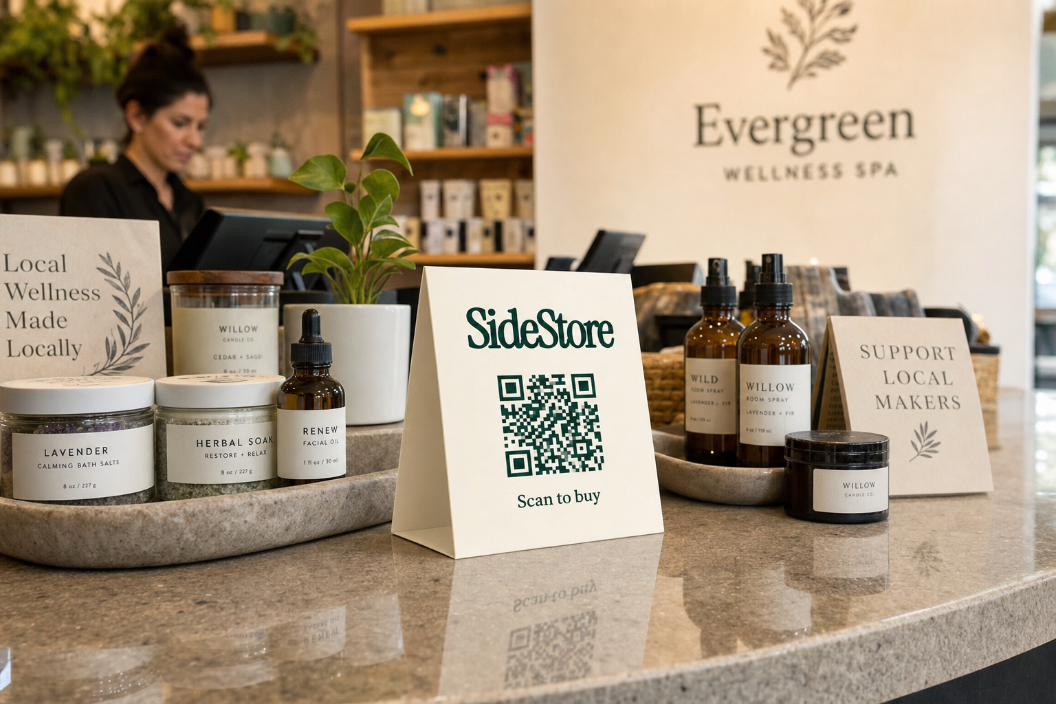 A spa reception counter displays local wellness products including bath salts, herbal soaps, and room sprays, with a SideStore QR code sign