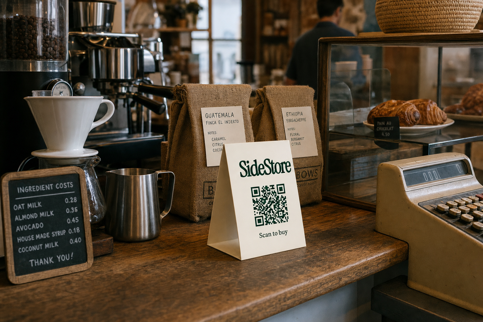 A coffee shop counter displays two labeled coffee bean bags from Guatemala and Ethiopia, a white tent card with a SideStore QR code, ingredi
