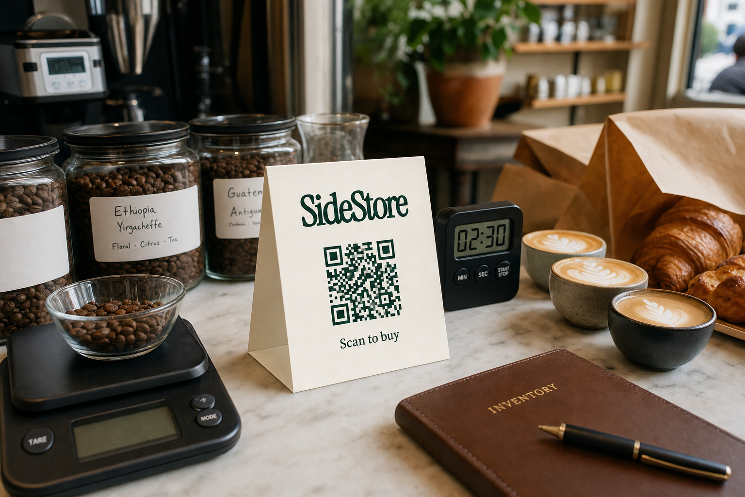 A coffee shop counter displays labeled jars of coffee beans, cups of latte with latte art, croissants, a scale, timer, QR code sign for Side