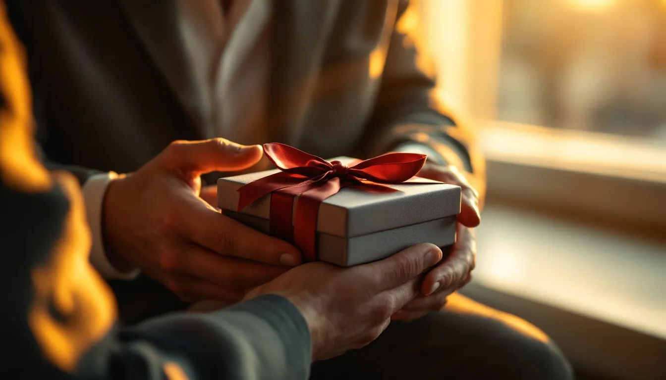 Hands holding a small white gift box tied with a red ribbon in warm sunlight