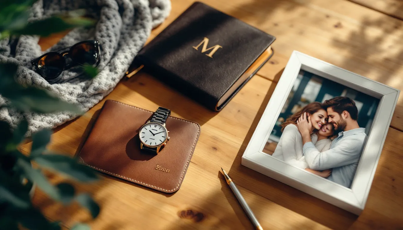 A wooden table displays a brown leather wallet with a watch, a black notebook with gold lettering, sunglasses on a gray scarf, a white-frame