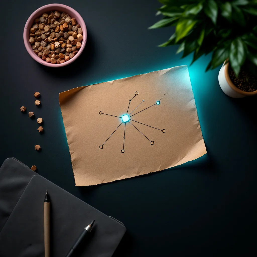 Un diagramme en réseau dessiné sur du papier kraft, posé sur une surface sarcelle et sombre, entouré d'un bol rose, de croquettes dispersées et d'une plante, représentant une stratégie de contenu interconnectée