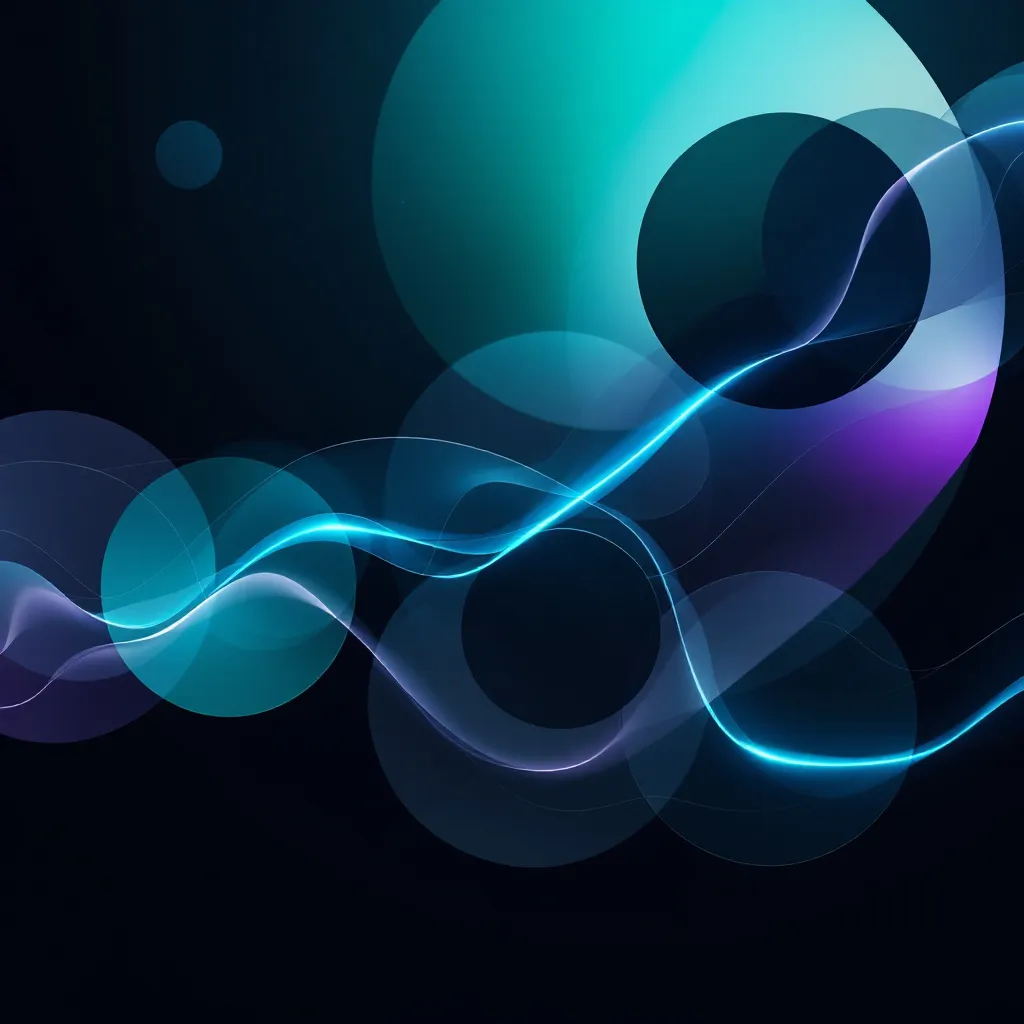 Illustration numérique abstraite avec des lignes ondulées cyan et violettes brillantes traversant des cercles translucides superposés sur fond sombre, représentant le traitement de données par l'IA