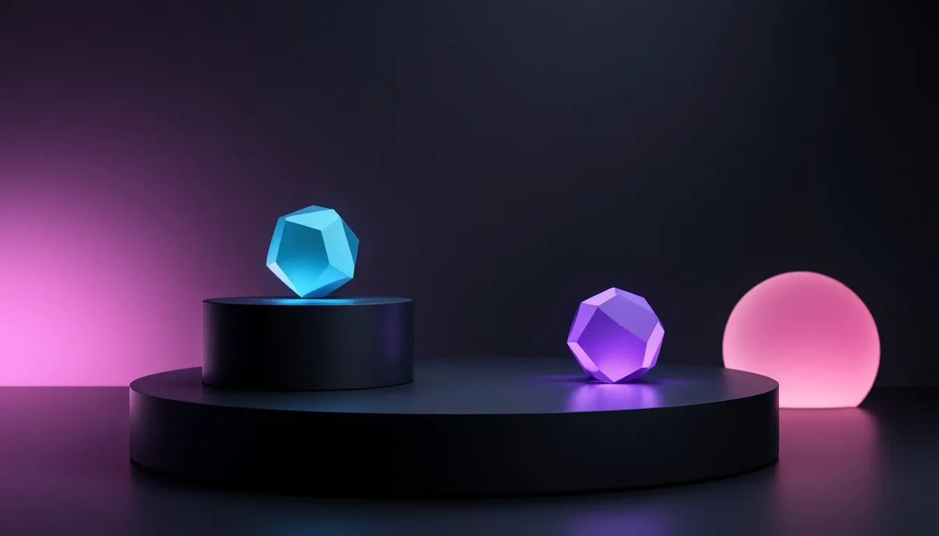 Three abstract geometric shapes with teal and purple glows on a dark charcoal platform, representing blogging platform choices