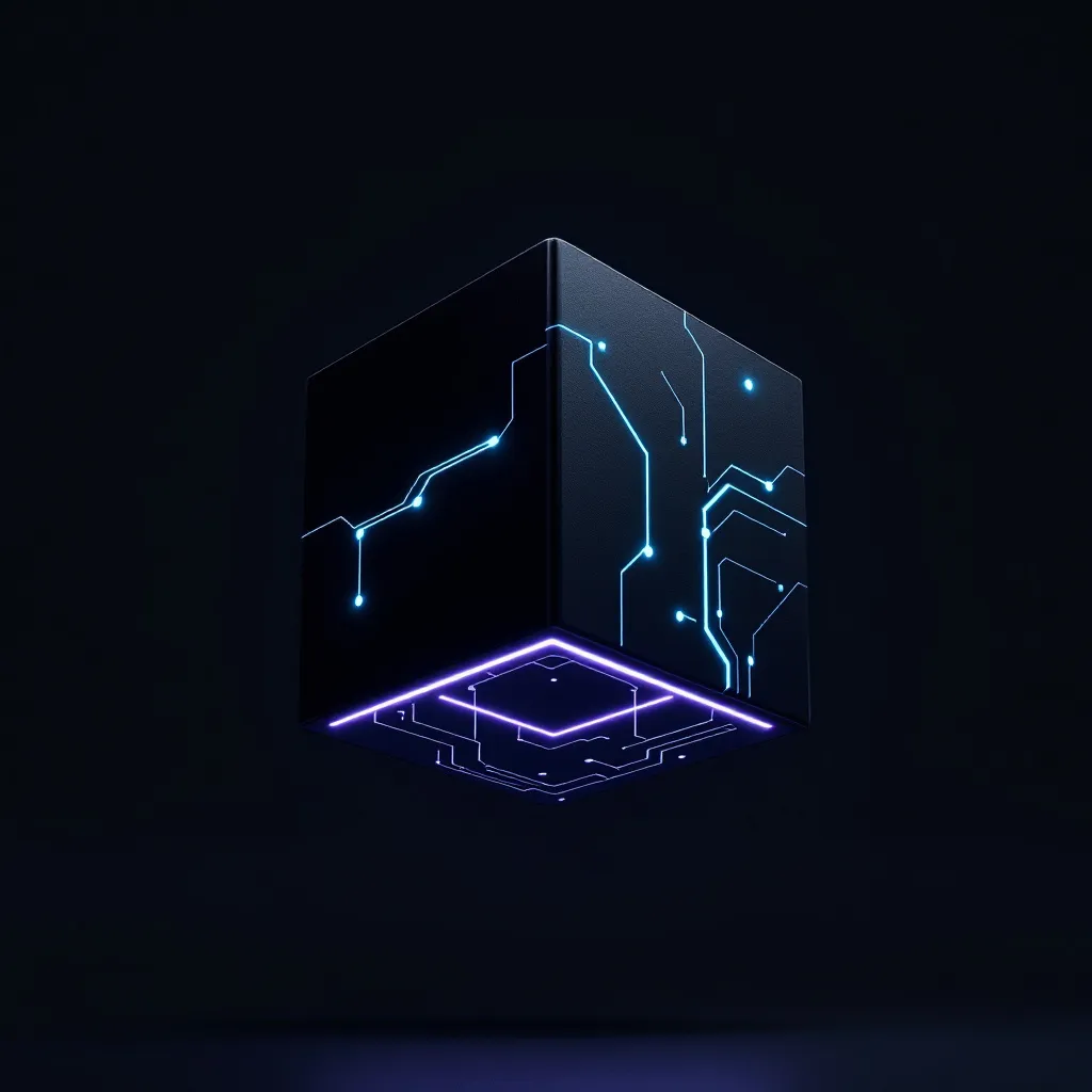 Cube sombre avec motifs de circuits lumineux bleus et violets sur fond noir