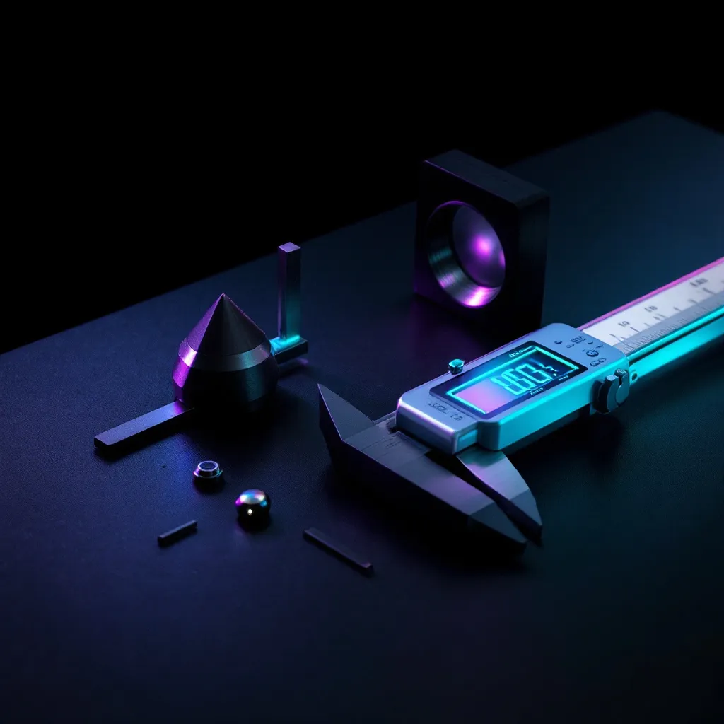 Pied à coulisse numérique avec écran cyan lumineux mesurant objets géométriques