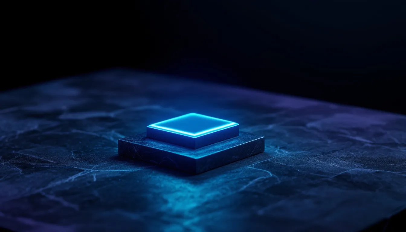 A glowing cyan microchip sits on a dark blue circuit board surface against a black background