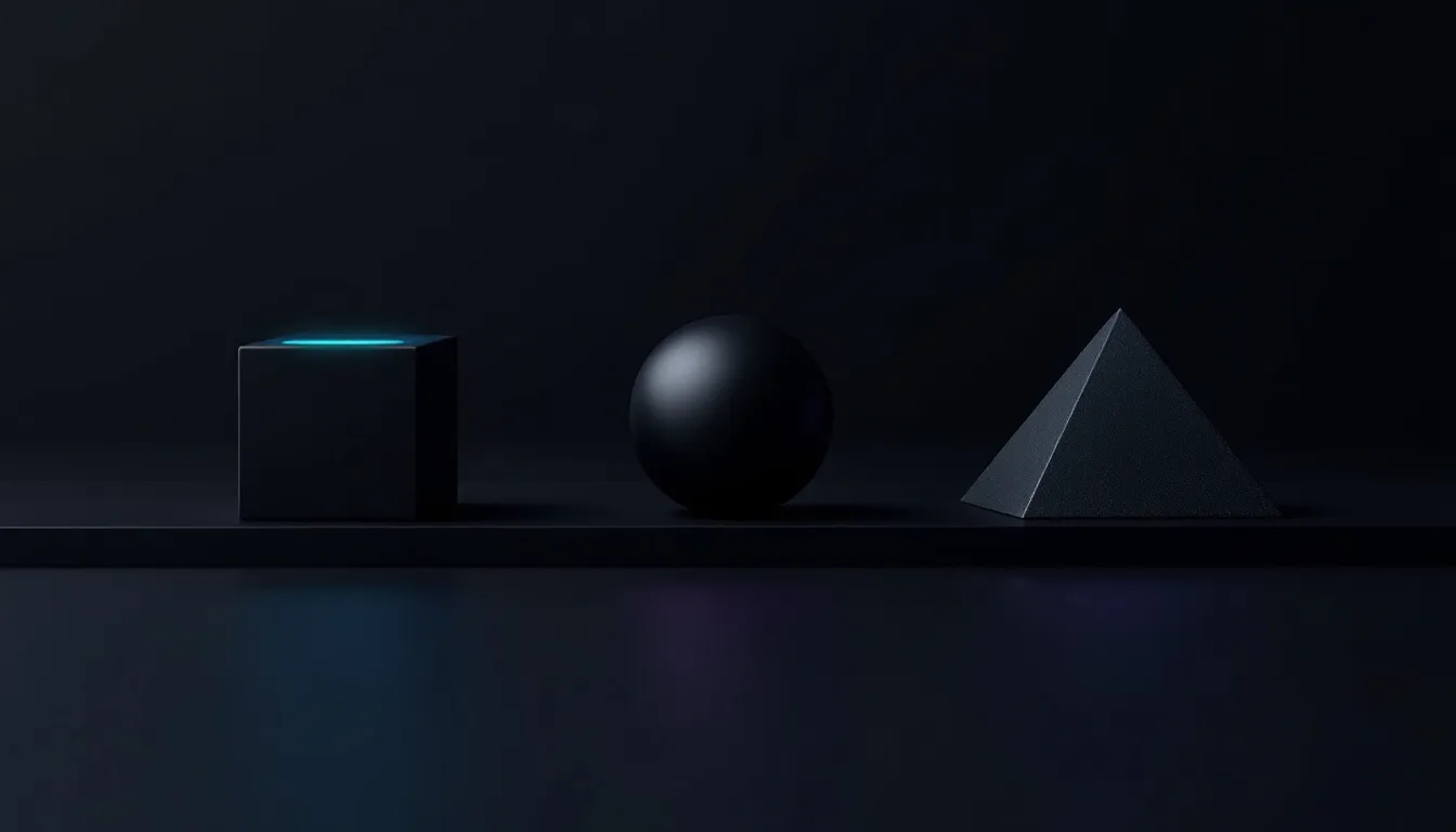 Three dark geometric shapes arranged on a reflective surface against a black background: a cube with a glowing cyan edge on the left, a sphere