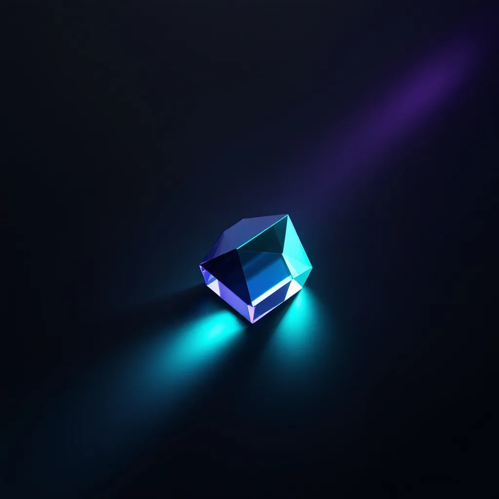 A glowing geometric crystal shape with cyan and purple facets emits light against a dark background