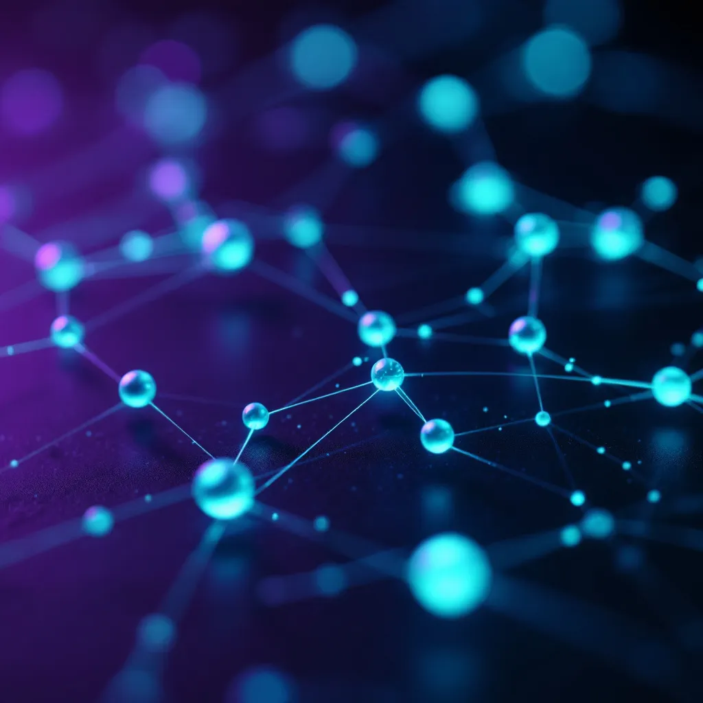 Glowing cyan and purple spheres connected by lines form an abstract network visualization against a dark background