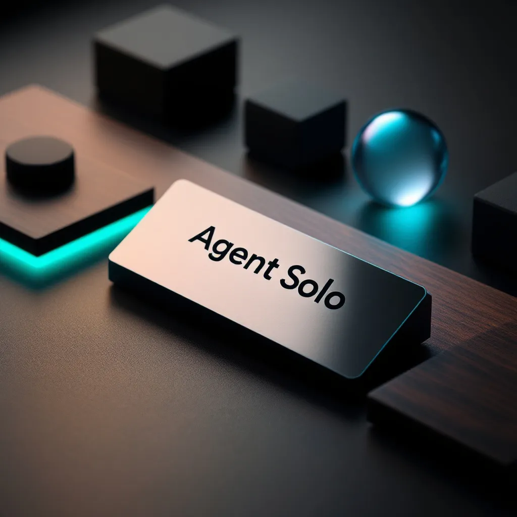 Agent Solo branded label on dark surface with geometric shapes including black cubes and blue sphere