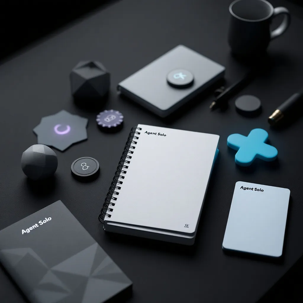 Agent Solo branded notebooks and desk setup with geometric shapes and smartphone