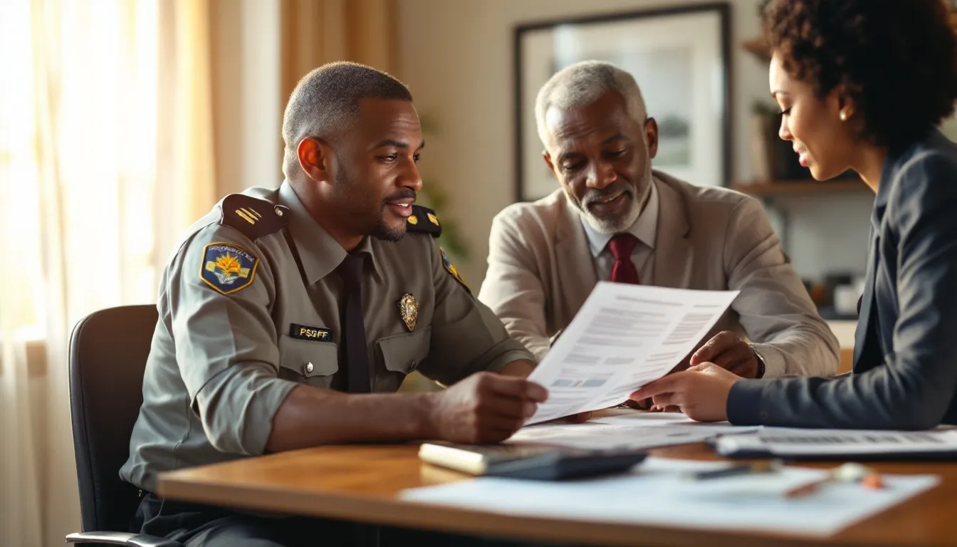 A uniformed security officer sits at a table reviewing documents with two colleagues in an office setting