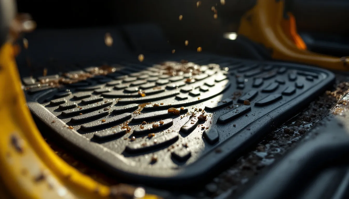Close-up of textured rubber floor mats with deep grooves and tread patterns, covered in dust and debris from trail use