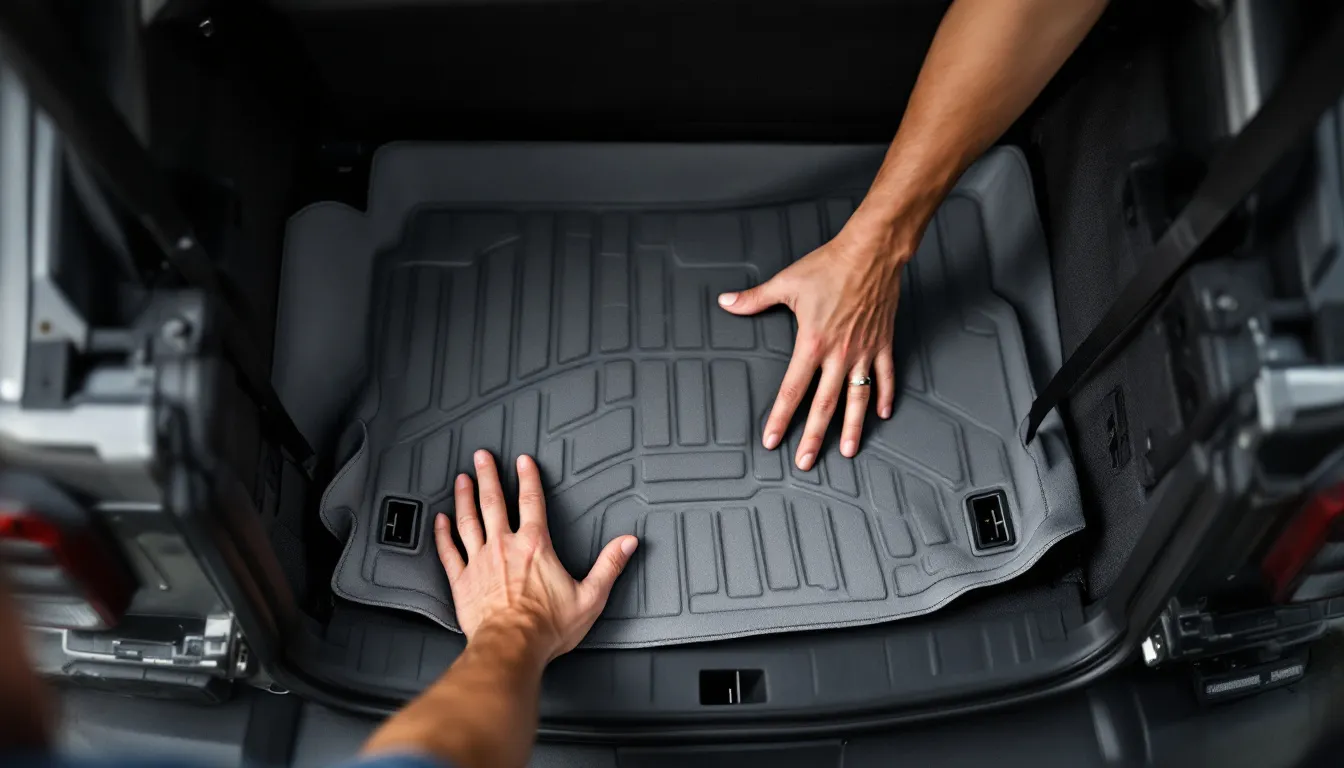 Two hands positioning a black rubber floor mat with grid pattern into a vehicle's cargo area during installation