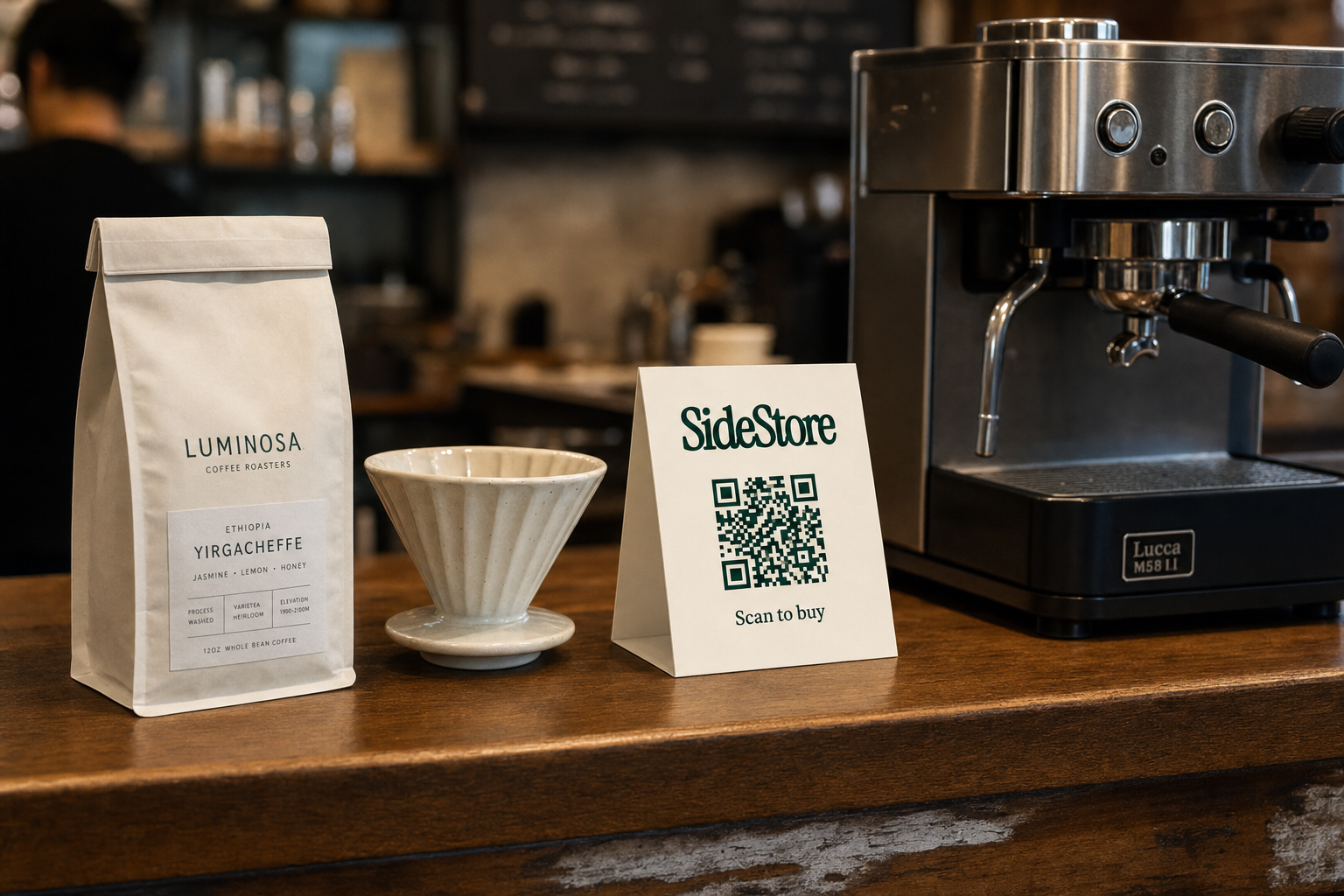 A wooden counter displays a bag of Luminosa Ethiopia Yirgacheffe coffee, a ceramic pour-over dripper, a SideStore card with a QR code, and a