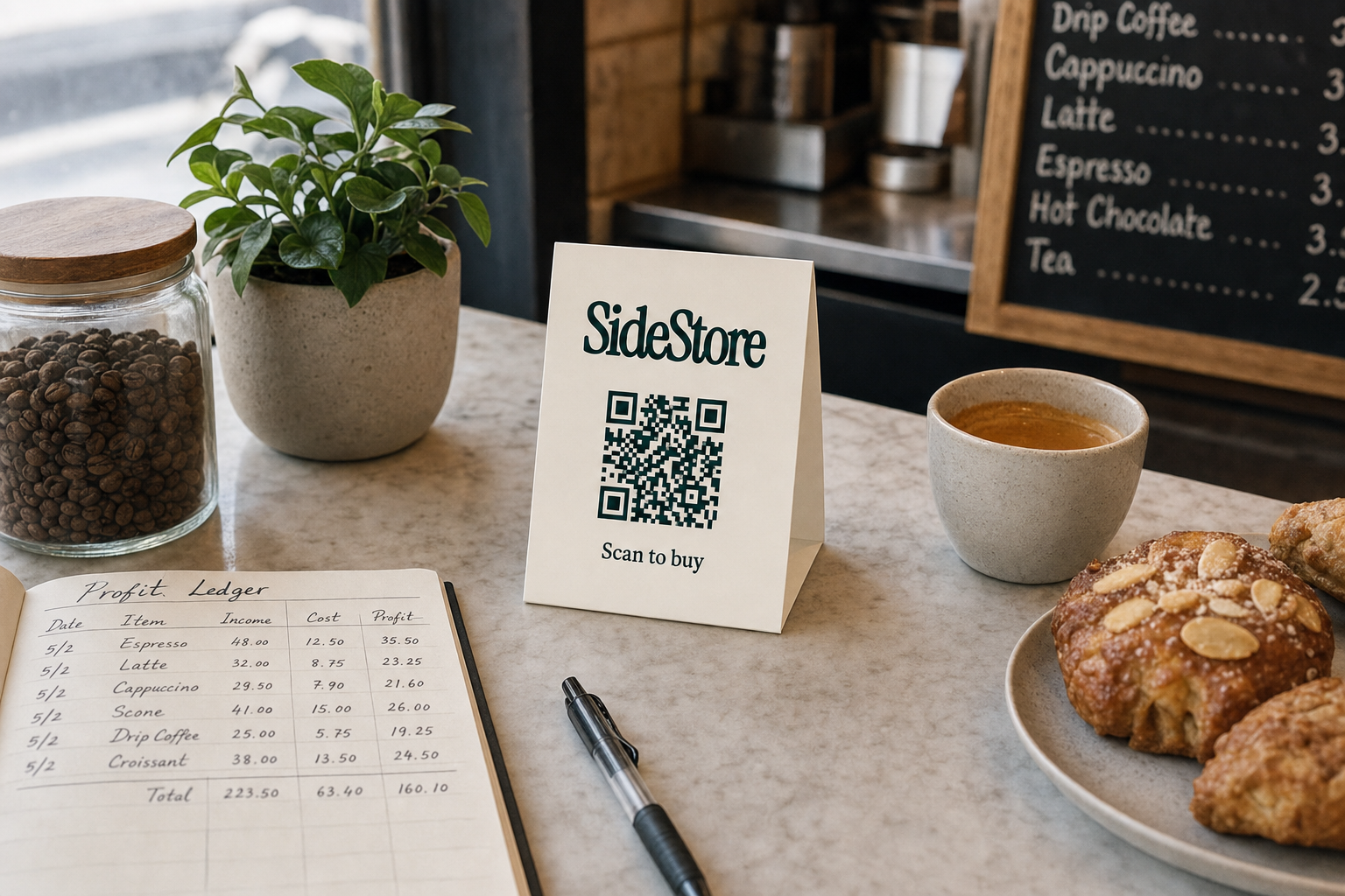 A coffee shop counter displays a profit ledger, a SideStore QR code sign, a cup of espresso, pastries on a plate, a potted plant, a jar of c