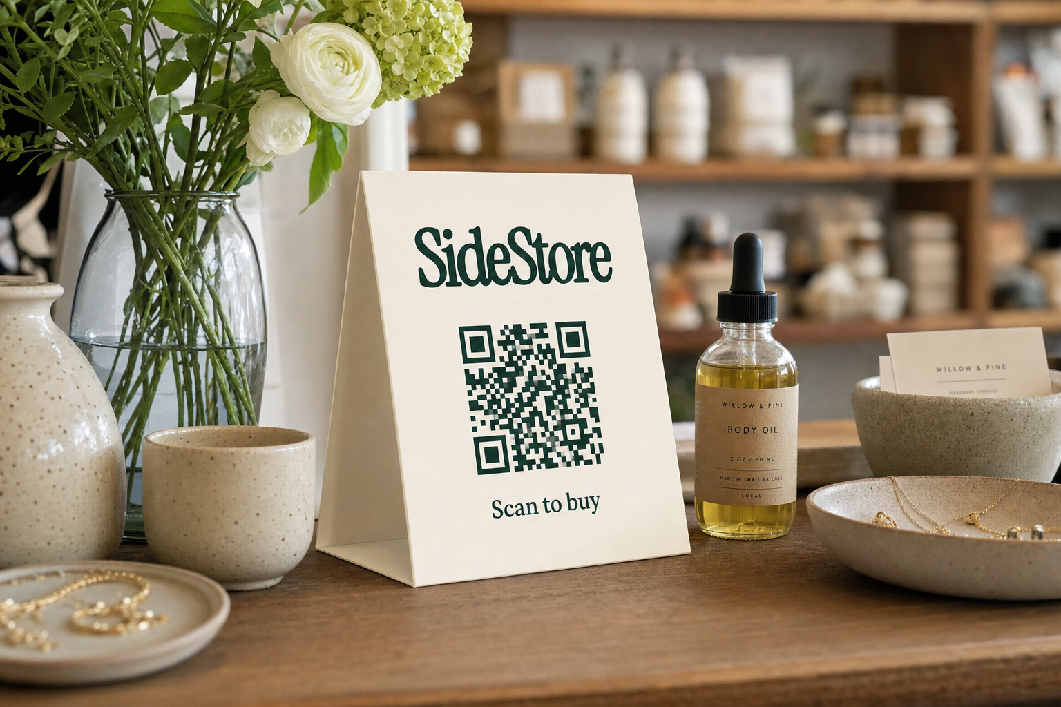 SideStore tent card on a boutique jewelry counter next to handmade ceramics and local beauty products in natural light