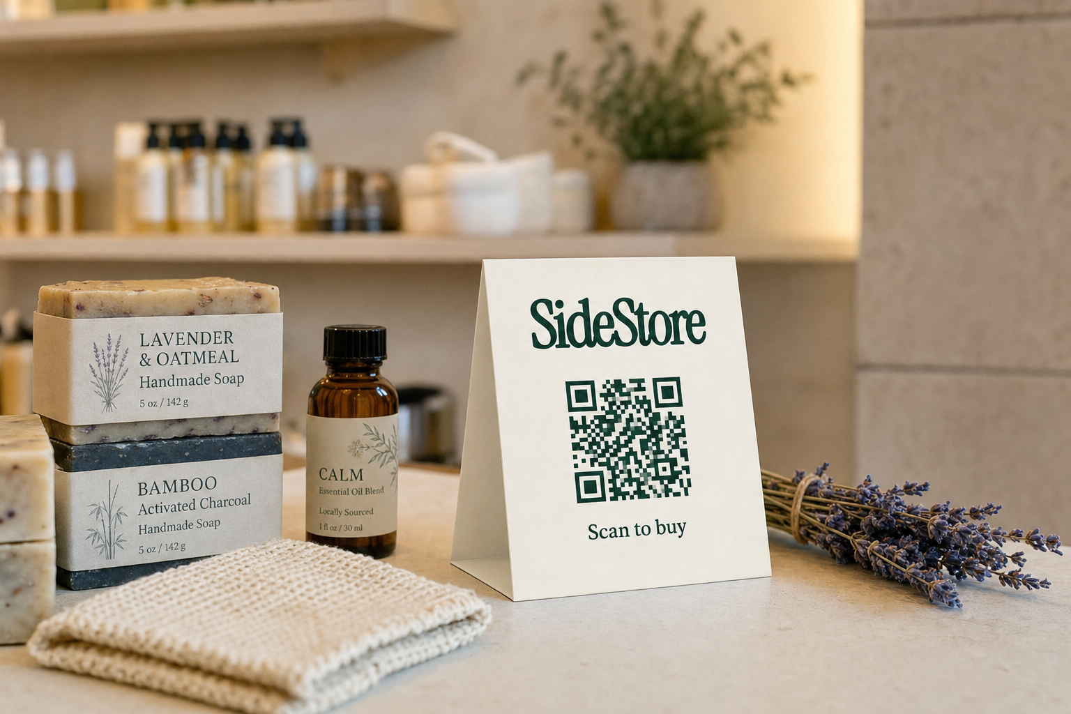 SideStore tent card on a spa reception counter displaying local artisanal soaps and wellness products in soft light