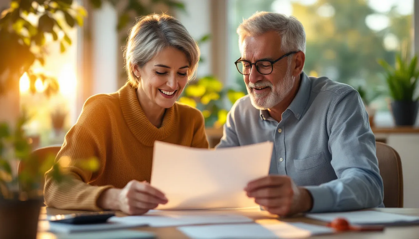 Mature couple reviewing financial documents and tax forms at desk with calculator in warm home office setting