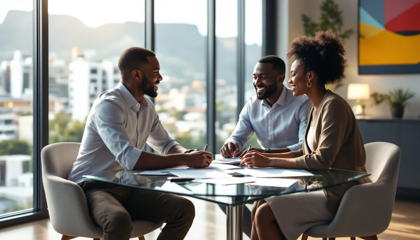 Financial advisor meeting with South African couple to discuss charitable giving strategy in modern office with city views