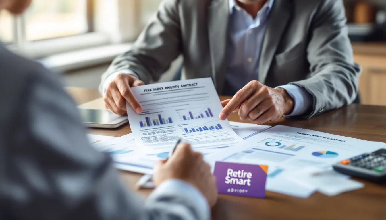 A person in a gray blazer holds a document labeled Fixed Index Annuity Contract with blue bar charts while reviewing financial papers