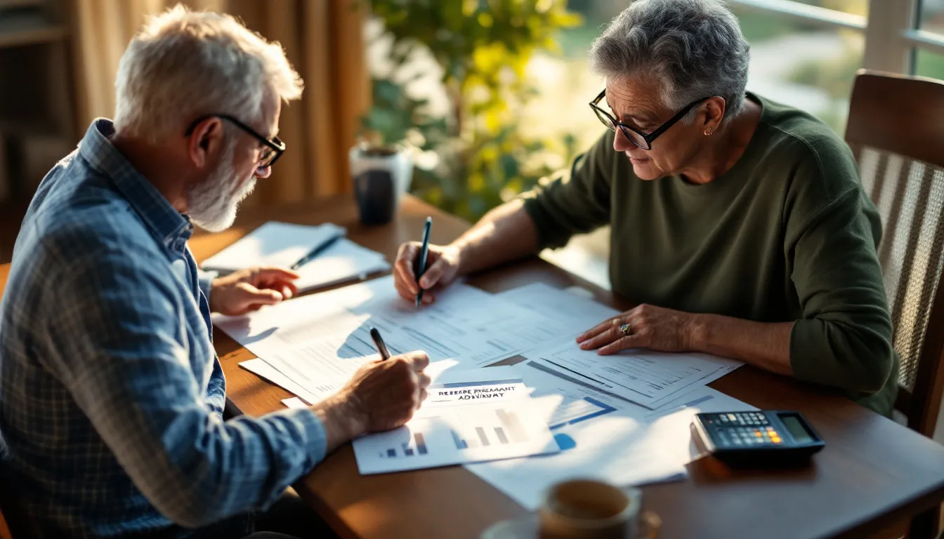 Two older adults sit at a table reviewing financial documents and charts together, with a calculator and coffee cup nearby